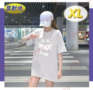 反射光☆光る 落書き風 ロゴ ビッグTシャツ 【ホワイト XL】 半袖 大きめ ゆるカジ K-401