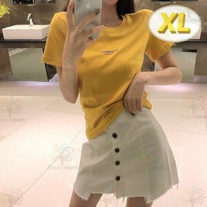 きれいめ シンプルロゴ Tシャツ 【イエロー XL】 半袖 ワンポイント 無地K-327