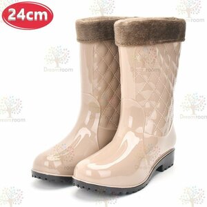  stylish quilting rain boots boa inner attaching [ green 24cm] boots lady's girl rainy season K-312