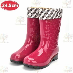  stylish quilting rain boots inner attaching [ pink 24.5cm] boots lady's girl rainy season K-311