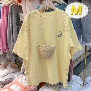 ユルっと可愛い！スマイル ビッグTシャツ 【イエロー M】 大きいサイズ キャラ 半袖 K-314