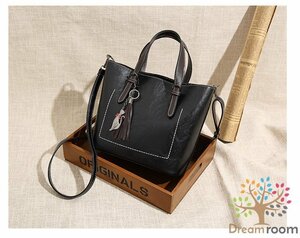 タッセルチャーム付き ミドル レザーバケツトートBAG【ブラック】 ハンドバッグ ショルダーバッグ セレブ 合皮革 K-095-2