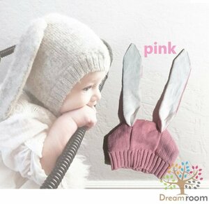 たれ耳がｃｕｔｅ☆ラビットヘッド ベビーニットキャップ【ピンク 】ヘアバンド ヘッドガード ニット帽子 赤ちゃん コスプレ K-259