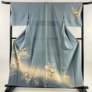 訪問着 身丈159.5cm 裄丈67cm M 袷 団扇 草花 金彩 ぼかし 青灰色 正絹 秀品 【中古】