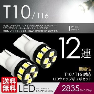 T10 LED 12連 白 ポジション / スモール / ナンバー / ルーム ホワイト / ウェッジ球 2835SMD 安心の国内検査 ネコポス 送料無料