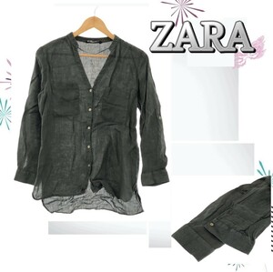 ZARA ザラ トップス シャツ シアー Vネック ボタン シンプル 綺麗め 長袖 レディース ブラック