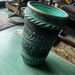 湯布院アンティーク イタリア 陶器 フラワースタンド ベース グリーン色 サイズH W D