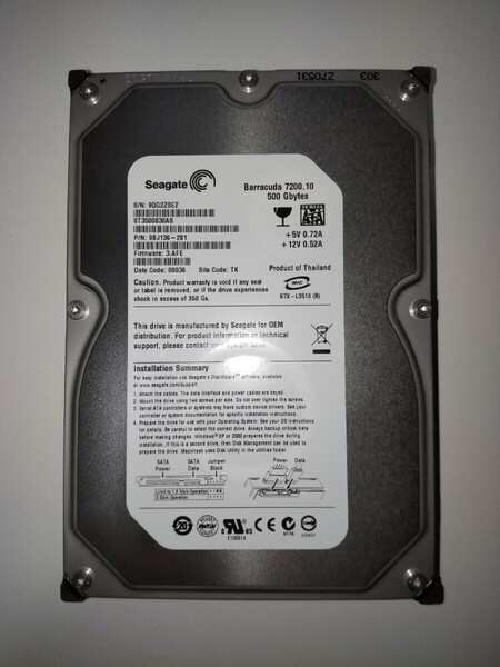 500GB 内蔵型 3.5インチ SATA/300 ハードディスク ST3500830AS 101回 66時間 HDD Seagate Barracuda 7200rpm 中古美品