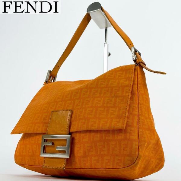 美品・希少モデル FENDI フェンディ マンマバケット ショルダーバッグ ハンドバッグ ズッキーノ FF オレンジ キャンバス レザー