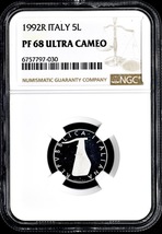 ★土終 【NGC PF68 ULTRA CAMEO N社唯一のTOP最高鑑定】1992R イタリア 5L 完全未使用 プルーフ 世界コイン 古銭 貨幣【決済期限火曜日】_画像3