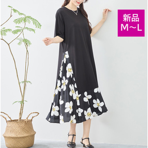 新品☆ワンピース M~L 花柄 裾フレア サイドプリーツ レディース 半袖 オシャレ きれいめ 夏/ブラック/12320652