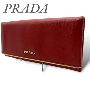 ●○1円 プラダ PRADA 長財布 サフィアーノ レザー レッド ゴールド プレート レッド 折りたたみ○●