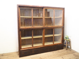 ta load X0445*②H170cm×W177cm* antique * thin type. large old wooden glass case * display shelf cupboard display case cabinet retro X(yaF) pine 