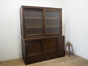 ta load G0629*H178,5cm×W147,5cm* antique *2 step piling. large old wooden display shelf * cupboard display rack retro glass case X(yaG) pine 