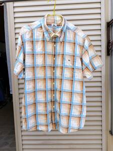 LACOSTE ラコステ XL 5 ボタンダウン チェックシャツ ブルー×茶 チビロゴ 半袖シャツ ビジネス/カジュアルにも着られるおしゃれな1枚
