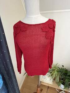 USED* lady's * summer knitted *7 minute sleeve knitted * thin knitted *L size corresponding * red *380 jpy 