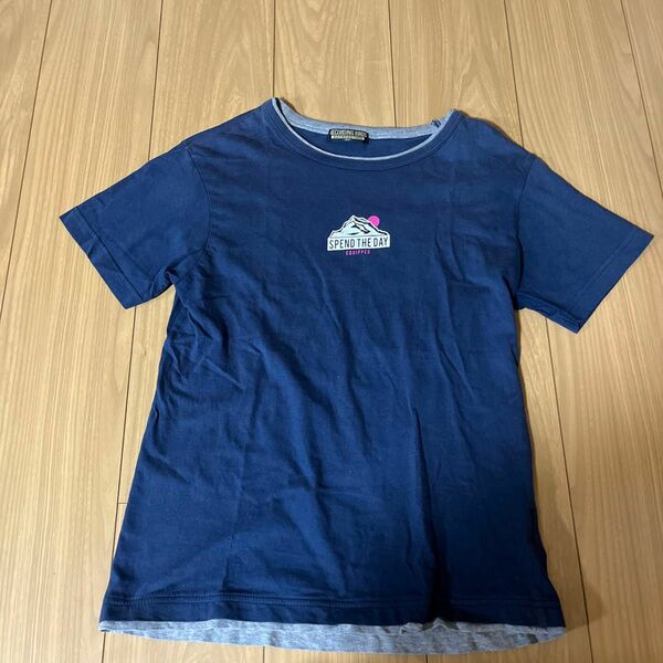 キッズ用Tシャツ 160サイズ 綿100% ネイビー 重ね着風 半袖