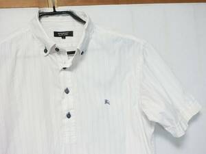 訳アリ★BURBERRY BLACK LABEL バーバリー　白にピンクベージュのストライプでプルオーバーの半袖ボタンダウンシャツ 2★