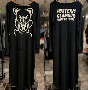 【極美品】HYSTERIC GLAMOURヒステリックグラマー熊ファックベアスウェット生地ロングワンピース黒レディースFREE/ガールTシャツトレーナー