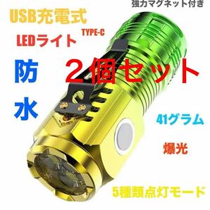 2個セットUSB充電式 小型 LEDライト 防水 マグネット付き 軽い41g USB タイプC充電 高輝度 ハンディライト 懐中電灯