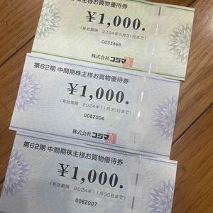 匿名メール便　送料込コジマ 株主優待券 3000円分 有効期限：2024年5月31日 1枚、11/30迄2枚　クーポン付