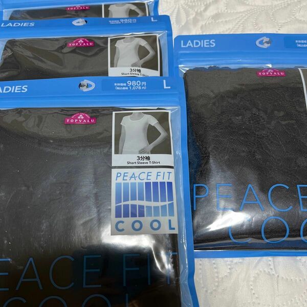 PEACE FIT COOL 3分袖３着、胸元レース付　タンクトップ　黒　４点　L サイズ　在庫処分