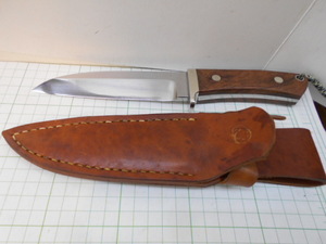 銘なし　ハンティングナイフ 左用片刃　ブレード 140mm 6mm厚　全長 250mm　フラットグラインド.シースにカビ跡等の痛みがあります
