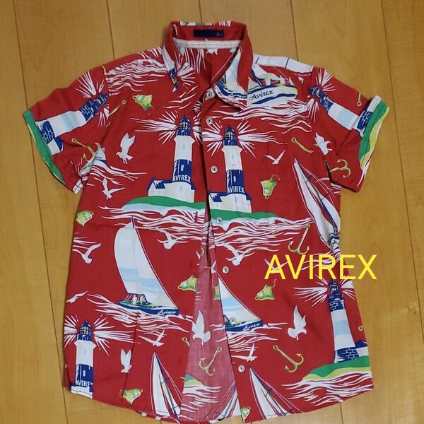 AVIREX アビレックスMARINE PRINT SHIRT半袖アロハシャツ灯台 ヨット