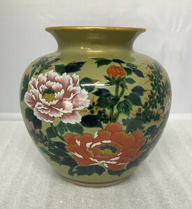 3F1034→ 九谷焼 清栄 花器 花瓶　陶器　色絵 鳥花図　 花入れ　華道具　茶道具　 花生　床の間飾り　花壷 茶席 古道具 古玩 茶湯