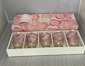 C1015→石塚硝子 花かり アデリアグラス　5点セット　食器　未使用品 昭和レトロ ADERIA GLASS かりん 花 フラワー ピンク 日本製