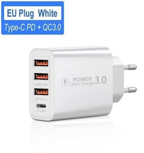 4 ポート ac アダプター USB-A+PD iphone ipad huawei oppo Samsung 充電アダプター 白　usbポート　海外旅行用充電器3.0　QC3.0