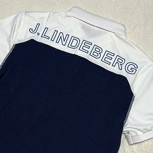 新品　J.LINDEBERG　ゴルフ　半袖シャツ　ホワイトxネイビー　Ｌ　メンズ