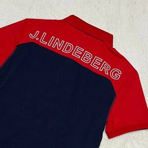 新品　J.LINDEBERG　ゴルフ　半袖シャツ　レッドxネイビー　Ｌ　メンズ