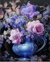 青の花瓶と花束のダイヤモンドアート