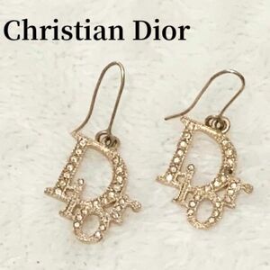 Christian Dior クリスチャンディオール ピアス ロゴ型 ゴールド ラインストーン 両耳 アクセサリー レディース