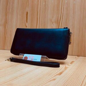 [.. leather .] men's purse long wallet round fastener cow leather cow leather hand made long wallet 1 jpy new goods unused one jpy gray 