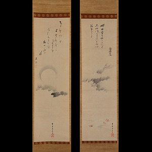 Art hand Auction 823 [Authentic] Moon on an Autumn Night! Ota Shusanjin and Shura Hankou, Katori Noriaki's painting Harvest Moon and Snowy Autumn Leaves Pair of Hanging Scrolls/Kyo-ka poet, dramatist, Kano school, ancient calligraphy and paintings, Painting, Japanese painting, Landscape, Wind and moon