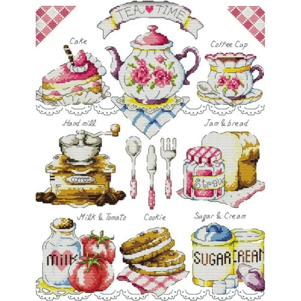 クロスステッチキット Tea time (ピンク) 紅茶 お菓子 スイーツ アフタヌーンティー ケーキ 布に図案印刷なし 14CT 刺繍