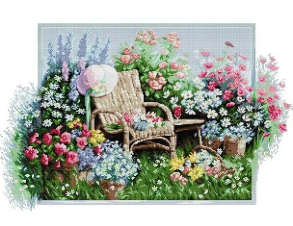 クロスステッチキット Garden chair ガーデンチェア 14CT 63×44cm 花 庭 椅子 刺繍