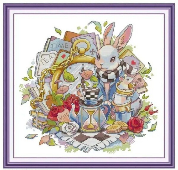 クロスステッチキット Rabbit time hourglass 40×38cm アリス 白うさぎ 14CT 布に図案印刷あり 刺繍