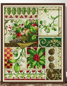 クロスステッチキット Elements of winter 柊 クリスマス 冬 モチーフ 14CT 42×51cm 布に図案印刷あり 刺繍