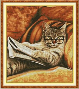【送料無料・匿名配送】クロスステッチキット 新聞を読む猫 cat 14CT 44×50cm 布に図案印刷なし 刺繍