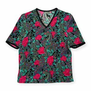 伊太利屋 イタリヤ ラインストーン 薔薇 花柄×ペイズリー柄 ストレッチ 半袖 Tシャツ カットソー サイズ 9 /レディース/日本製