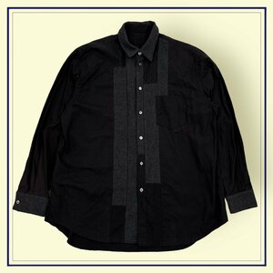 シナップス 切替デザイン ウール コットン 長袖 シャツ Lサイズ/ブラック系 黒/メンズ 日本製