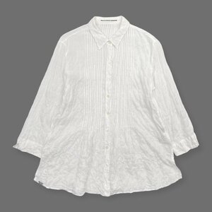 麻100%◆Mademoisele NON NON マドモアゼルノンノン しわ加工 七分袖 ピンタック ブラウス シャツ チュニック 40 /ホワイト/パパス/日本製