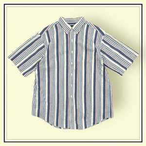 90s ビンテージ◆LANDS' END/ランズエンド マルチ ストライプ柄 シアサッカー オーバーサイズ 半袖シャツ L (16 - 16 1/2) /メンズ