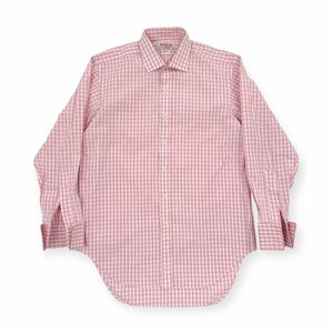 英国製◆T.M.Lewin&Sons ダブルカフス ギンガムチェック ワイシャツ ドレスシャツ 15 1/2 39 ピンク×白 イングランド製