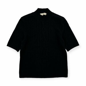カシミヤ100%◆Unifine カシミアウール ケーブル編み デザイン ハイネック 半袖 ニット セーター /黒 ブラック系