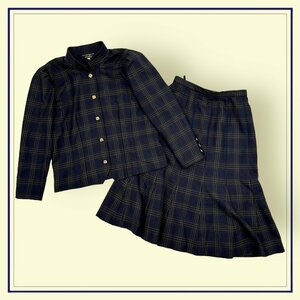 レトロ!!◆上下◆Leilian レリアン 金ボタン チェック スーツ セットアップ スタンドカラー ウール ジャケット×スカート サイズ9