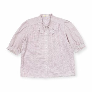 70s 80s Aquascutum アクアスキュータム リボン付き ボウタイ パフスリーブ チェック柄 半袖 シャツ ブラウス /ビンテージ/古着/オールド